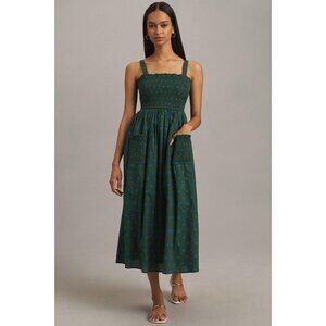 NWT Anthropologie Pinnacle Smocked A-Line Midi Dress M Green Polka Dot $188 Blue